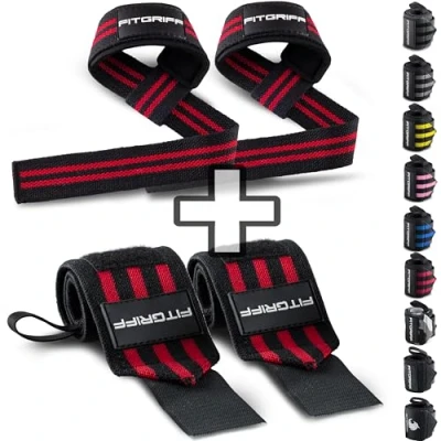 Imagen de Fitgriff® Straps y Muñequeras para Gym (1 Conjunto) Accesorios Gimnasio, Musculacion, Fitness Hombre Mujer (Black/Red)