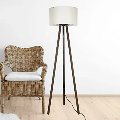 Imagen de Lámpara de Pie Trípode Iluminación Salón Luz Suelo 1xE27 20 W MDF PVC Textil 21 x 37 cm Altura 136 Color Nogal/Crema