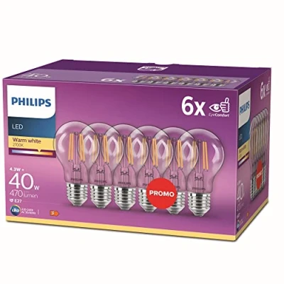 Imagen de Philips Bombilla LED cristal 40W estándar E27 luz blanca cálida, transparente, no regulable pack 6