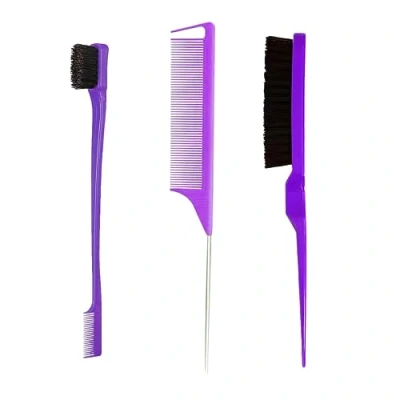 Imagen de Set de 3 Cepillos Peinar, Cepillo Burlas, y Peine Doble Borde, Cola con Punta, Cerdas, Profesional Antiestático, para el Hogar, Peluqueros(Morado)