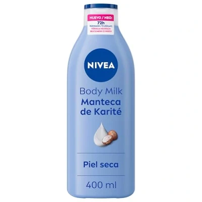 Imagen de NIVEA Body Milk Manteca de Karité (1 x 400 ml), leche corporal que hidrata durante 72 h, crema hidratante con ácido hialurónico, para piel seca