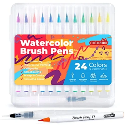 Imagen de colozoo Rotuladores con Punta de Pincel Acuarelables 24 Colores + 2 Tanques Agua Flexible
