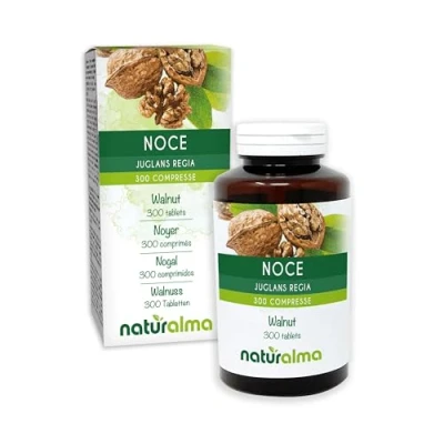 Imagen de Nogal (Juglans regia) cáscaras de los frutos o pericarpio (cáscaras nuez) y hojas Naturalma 150 g 300 comprimidos Complemento alimenticio Natural Vegano