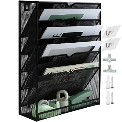 Imagen de IOUGDSEC organizador de archivos pared A4 6 niveles malla en bandeja para colgar pared, correo, bandejas almacenamiento cartas,