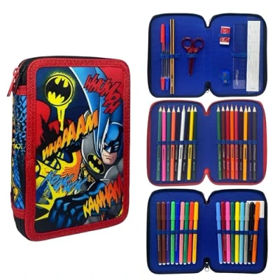 Imagen de CARTOON Estuche de 3 cremalleras completo 44 piezas para la escuela, multicompartimento, bolígrafos, lápices, colores, rotuladores Giotto, Batman, Moderno