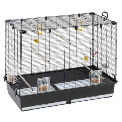 Imagen de Ferplast Amplia Jaula para Canarios, periquitos y pequeños pájaros exóticos Piano 6, con Accesorios, Percha Modular comederos giratorios, Pintado Negro cubeta Marrón, 87 x 46,5 h 70 cm