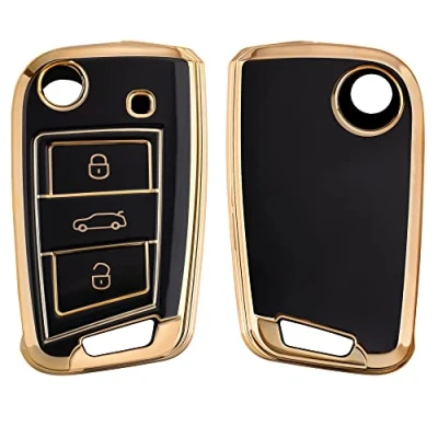 Imagen de kwmobile Carcasa para Mando Compatible con VW Golf 7 MK7 Llave de Coche 3 Botones Funda Llaves TPU Negro/Dorado