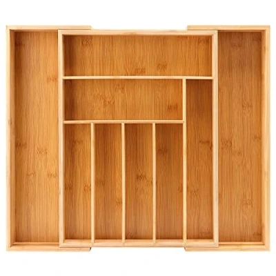 Imagen de ROEXUN Bandeja de Cubiertos Bambú,Extensible 7 a 9 Compartimentos,Organizador Mader extraíble cajón,sistema organización flexible del cajón Ajustable