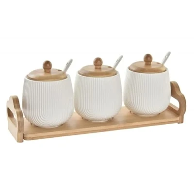 Imagen de D,casa Sarero y Azucarero de Porcelana Blanco con Tapa Madera Estilo Nordico… Juego 3 Salsera
