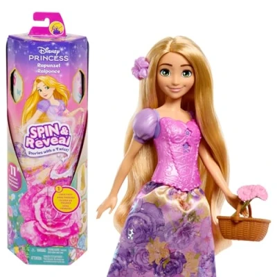 Imagen de Mattel Disney Princess Spin &amp; Reveal Rapunzel, Muñeca princesa con falda de flores la película Enredados, incluye 5 accesorios y pegatinas, juguete regalo para niños niñas +3 años, HTV86