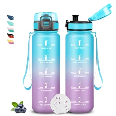 Imagen de Botella Agua 1 Litro, Gimnasio con Filtro, Cantimplora Infantil Reutilizable, Marca de Tiempo, para la Escuela, Oficina, Deportes, Gym