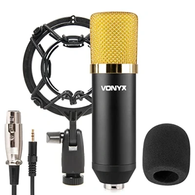 Imagen de Vonyx CM400 Microfono de Estudio, Gaming, Podcast, Streaming, Youtube, Condensador. Ideal para Voz o Instrumentos, conexion Mini Jack Incluido, Soporte Anti Vibraciones, Color Negro y Dorado