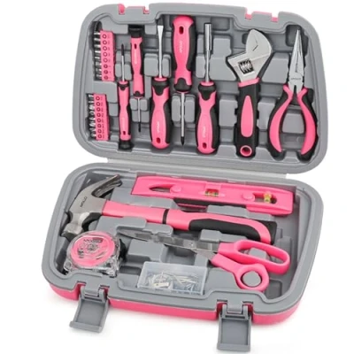 Imagen de Apollo Juego de Herramientas Esenciales Rosa 67 piezas. Kit para Bricolaje, Reparacion, y Mantenimiento diario en el Hogar, Oficina, Taller. Incluye Maletin Almacenamiento