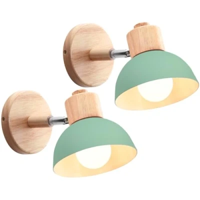 Imagen de iDEGU 2 Piezas Apliques de Pared Moderno, Lámparas para Dormitorio Simple E27 Iluminación Interior Luz en Madera Hierro Ajustable Foco Pasillo Salón Cafetería (Verde)