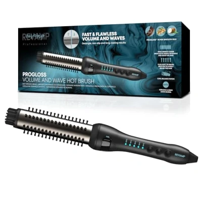 Imagen de REVAMP Cepillo Progloss cerámico Volumen y Ola e iónico de 32 mm con cerdas retráctiles aceites para conseguir rizos ondas fáciles duraderos