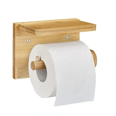 Imagen de Relaxdays Portarrollos Baño de Pared, con Balda, Soporte Rollo Papel Higiénico, Madera Bambú, 12 x16 x 10,3 cm, Natural