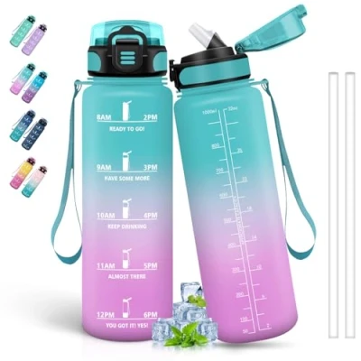 Imagen de Botella Agua, Agua 1 Litro, Deporte con Pajita, A Prueba de Fugas, Reutilizable Marca Tiempo, Cantimplora para Senderismo, Acampar, Correr, Ciclismo, Verde Rosa