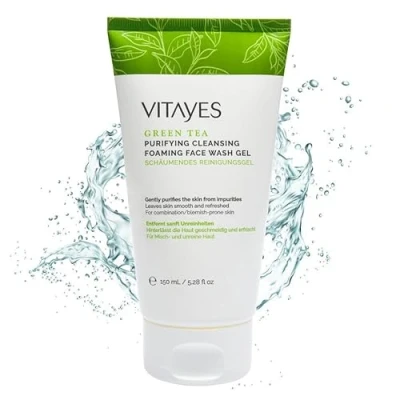 Imagen de Vitayes gel de lavado facial té verde, refrescante para el rostro, limpieza profunda y suave, vegano, ingredientes naturales, sin silicona ni aceite mineral.