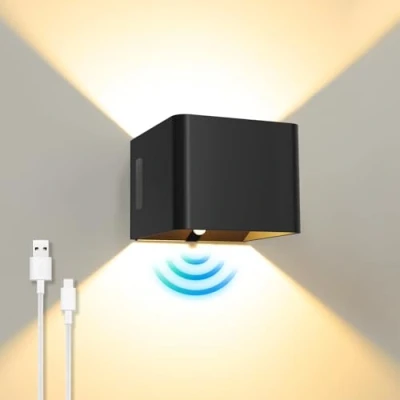 Imagen de ACMHNC Aplique de Pared Interior con Sensor Movimiento,5W LED Lámpara sin cable, Lampara Magnetica USB Recargable Interruptor, Blanco cálido, Pasillo,Negro