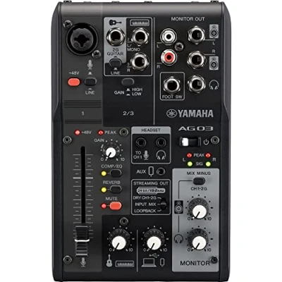 Imagen de Yamaha AG03MK2 Mezclador de Transmisión en Vivo 3 Canales con Interfaz Audio USB, para Windows, Mac, iOS y Android, Negro
