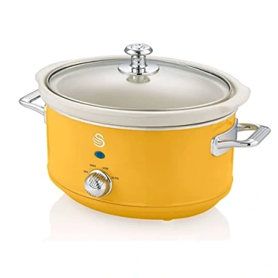 Imagen de Swan Retro SF17021YELNEU Olla Cocción Lenta 3,5L Recipiente Extraíble, Antiadherente Cerámica libre PFOA y PTFE, 3 Niveles Temperatura, Tapa Vidrio, Slow Cooker, Diseño Vintage, Amarillo, 200W