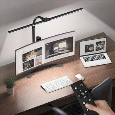 Imagen de Jeebel Lámpara de Escritorio LED 24W 80cm Pinza Sobremesa Doble Cabezal con Mando a Aistancia/Cuello Cisne Giratorio 360/ Protección Ocular/ 10 Modo Color Nivele Brillo