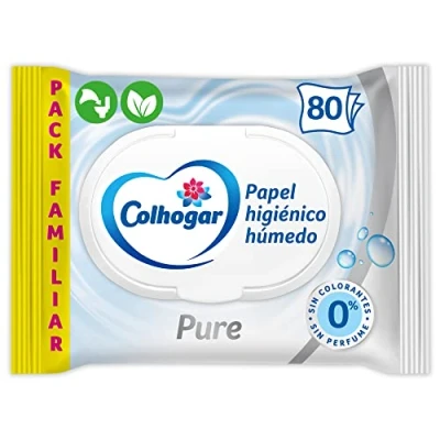 Imagen de Colhogar Pure Moist x80 Papel Higiénico Húmedo Desechable Sin Alcohol Pieles Sensibles Dermatológicamente Testado Paquete de 80 Toallitas Húmedas y Desechables por WC