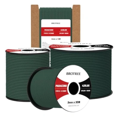 Imagen de Brotree Paracord 3mm 50M Cuerda 100% Nylon Tipo II 3 Hebras 425 para Exterior, Bricolaje 192 kg Carga de Rotura (Verde Oscuro)
