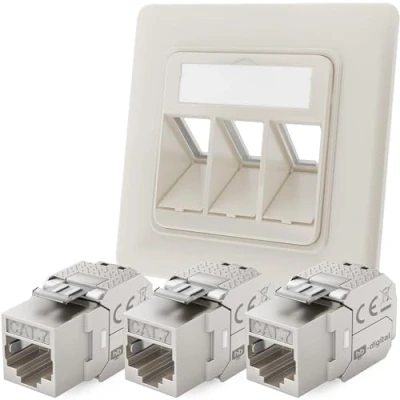 Imagen de hb digital Enchufe de red RAL9010 3 puertos CAT 7 + módulos Keystone RJ45 LAN Ethernet hembra para 5e 6 6a máx. 10 Gbps STP Blanco puro
