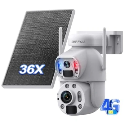 Imagen de SHIWOJIA cámara exterior inalámbrica solar, 6 MP 36 x zoom 4 g doble PIR detección humana/visión nocturna color/lente doble/IP66, blanco