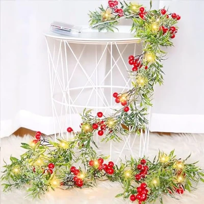 Imagen de Guirnalda Navidad, de Navidad 1,8 m, Corona Navideña Artificial con Berries Rojas, Decoración Exterior, Adornos para Chimenea, Escalera, Puerta