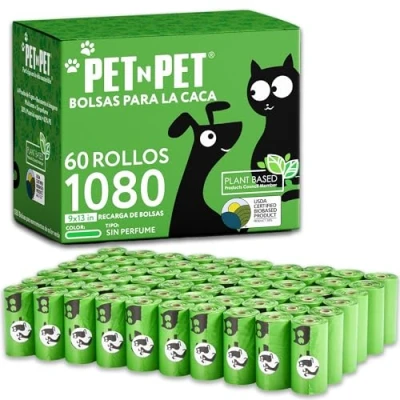 Imagen de PET N Bolsa de basura y caca para perros Bolsas base biológica con certificación del USDA al 38% 1080 Unidades 60 Rollos 9x13 pulgadas, sin perfume