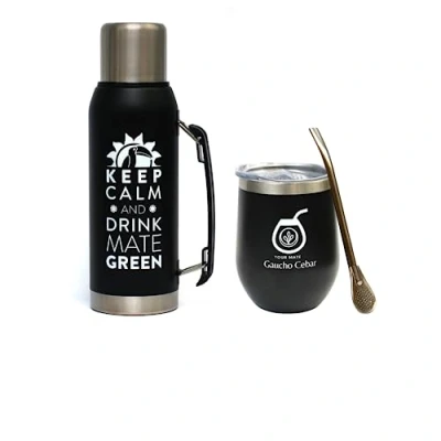 Imagen de GAUCHO CEBAR Accessories for Yerba Mate Tee Set Termo Vacuum Flask Acero Inoxidable 1L Negro y Taza de té 350 ml Pajita Bombilla Liza 19 cm, apta para lavavajillas duradera