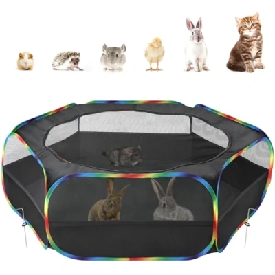 Imagen de Pawaboo Valla de Animales Portátil Oxford, Parque Plegable con Tres Varillas Metálicas y Amplia Abertura para Erizos Ardillas Gatos Dragón Conejos, Negro + Arco Iris