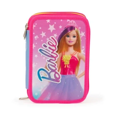 Imagen de Giochi Preziosi Barbie Estuche Triple con 3 Cremalleras y Compartimentos, Completo de lápiz, bolígrafos, rotuladores, Ceras, Goma, Tijeras, Regla sacapuntas, Multicolor,