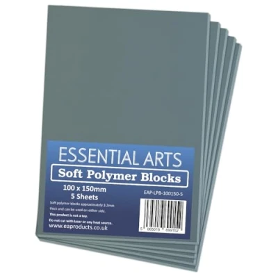 Imagen de Essential Arts Bloques de polímero gris suave doble cara 100 x 150 mm, paquete 5 hojas impresión en relieve súper suaves 3 mm grosor para facilitar el tallado lino