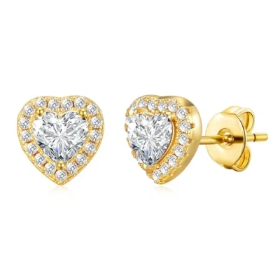 Imagen de Pendientes chapados en oro con halo de corazón creados cristales Zircondia®, Cristal, Cristal Zircondia®