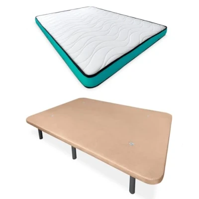 Imagen de Mattfy Cama Completa con Colchón Vega Reversible + Base Tapizada Reforzada Color Beige 6 Patas, Madera, 135 x 190