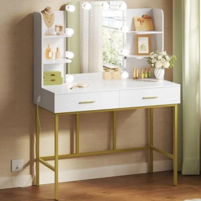 Imagen de WOLTU Tocador de Maquillaje con Espejo y 10 Bombillas LED, Mesa Moderno 2 Cajones 4 Estantes para Dormitorio, 90x45x136cm, Madera Metal, Blanco+Dorado, MB6077ws