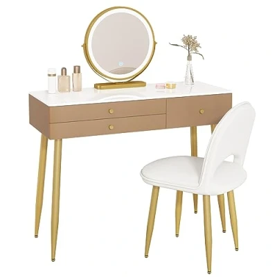Imagen de WOLTU Tocador Maquillaje con Espejo de Luz Regulable en 3 Niveles, Mesa Cajones, Escritorio Grande 100x40 cm, Silla Ajustable Respaldo Terciopelo, Caqui + Dorado, MB6105kk