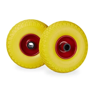 Imagen de Relaxdays Set de dos ruedas carretilla, Neumático goma 3.00 4, Eje 25mm, Hasta 100 kg, Amarillo rojo