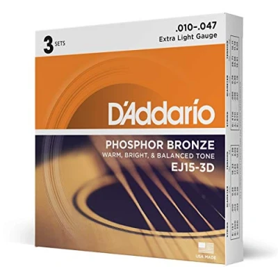 Imagen de D&#039;Addario Cuerdas Guitarra Acustica de EJ15 3D Extra Ligero, 10 47 3 Paquete