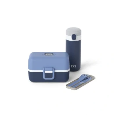 Imagen de monbento Set Fiambrera Lunch Box Infantil Infinity con Bento MB Tresor Compartimientos, Cubiertos Reutilizable Pocket Color, Botella Pop Senza BPA Azul