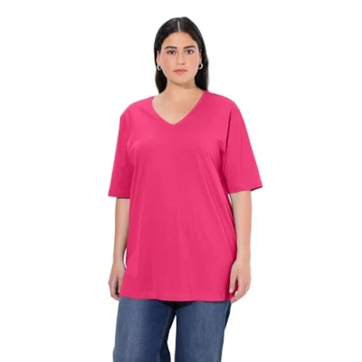 Imagen de Ulla Popken Camiseta básica con Cuello en V, Relajada, Media Manga, Color Rosa, 48 50 para Mujer