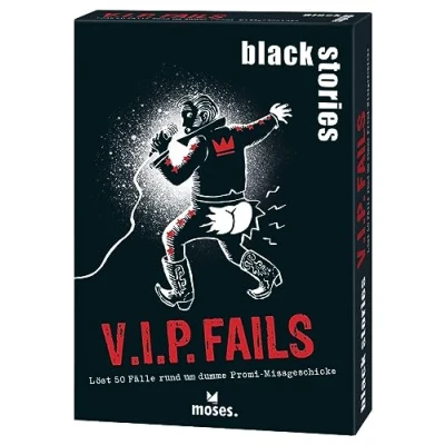 Imagen de moses. Black Stories V.I.P. Fails 50 puzzles con casos de desventuras estúpidas celebridades, juego cartas variante y fichas puntuación, rompecabezas para adolescentes