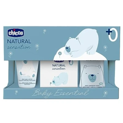 Imagen de Chicco Set Cosmética Natural Sensation Essential, con Champú y Gel Sin Lágrimas 200 ml Crema Corporal para niños 150 Agua de Colonia 100 ml, Idea Regalo Bebé