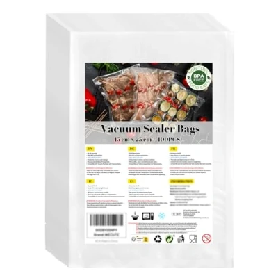 Imagen de WECUTE Bolsas Vacio Alimentos, 15x25 cm 100 Bolsasvacío gofradas para almacenar y cocinar alimentos hervibles, Conservación Cocción Sous Vide &amp; Boilable, Libre de BPA