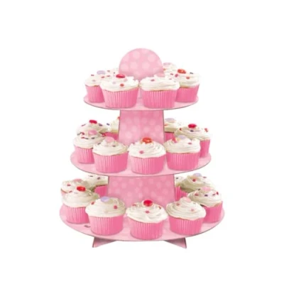 Imagen de Unique Soporte Redondo de cartón para Cupcakes Rosa 1 Unidad, Baby Shower, lunares, Color, 13&quot;h x 11.75&quot;w (90307)