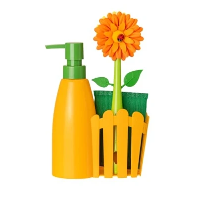 Imagen de Vigar Set Fregadero Pack Soporte, Cepillo Lavaplatos, Esponja ‎7 x 14 26.5 cm Flower Power Con Dispensador Bandeja de 3 Piezas Amarillo