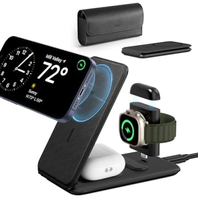 Imagen de ESR Cargador de Viaje 3 en 1, Compatible Carga MagSafe, Certificado Hecho para Apple Watch, Estación Plegable Diseñada MagSafe y iPhone 16/15/14/13/AirPods 4/Pro con Adaptador, Negro